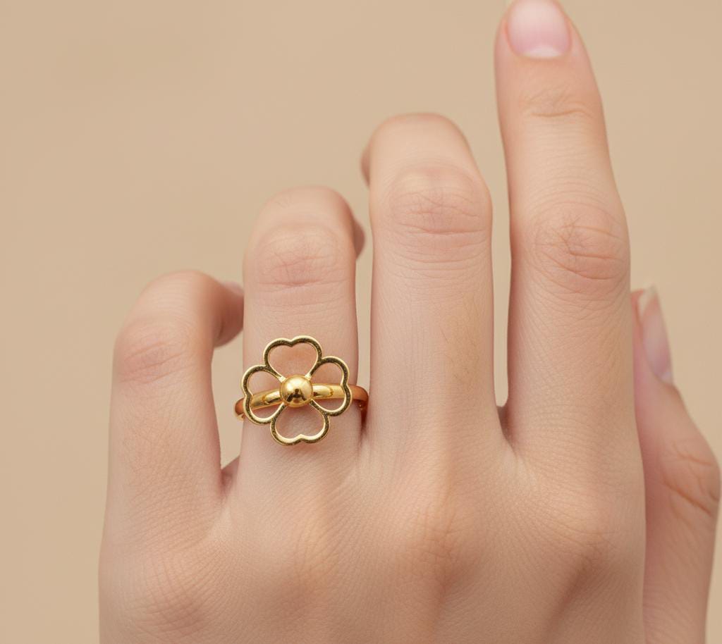18K Real Gold 4 Heart Flower Ring