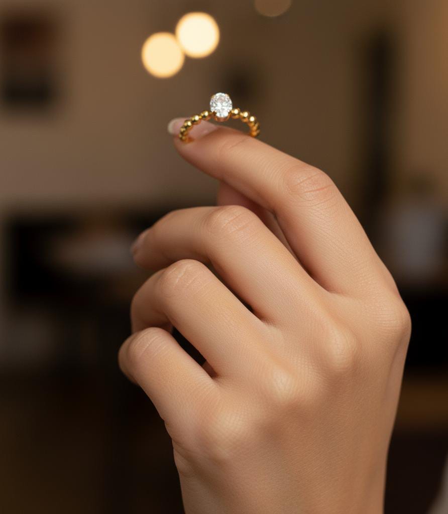 18k Gold Solid Balls with Stone Ring