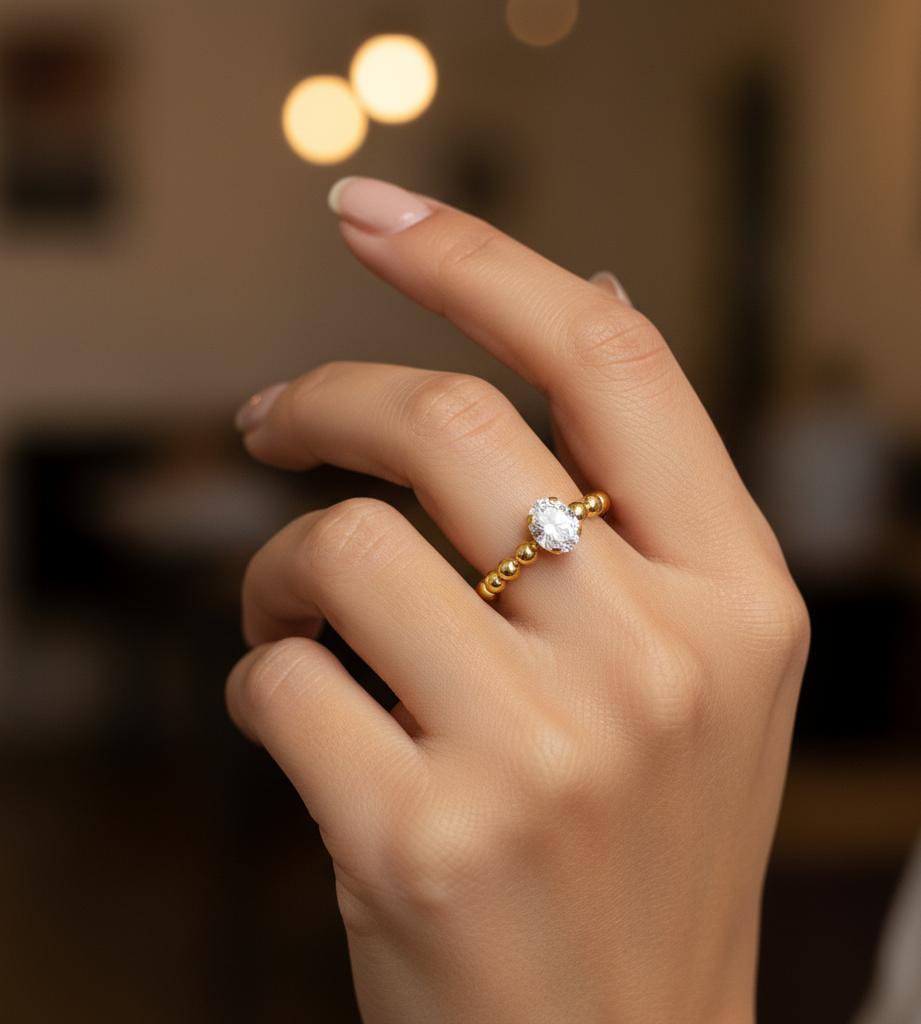 18k Gold Solid Balls with Stone Ring