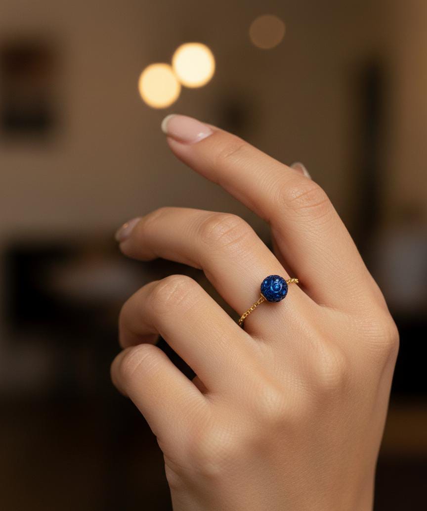 18K Gold Navy Blue Swarovski Chain Ring - New Launch - Embellish Gold