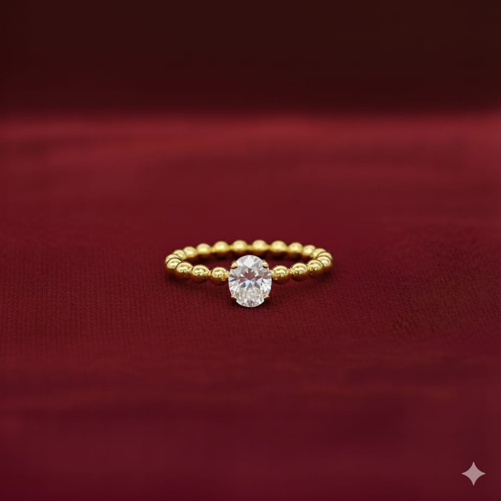 18k Gold Solid Balls with Stone Ring