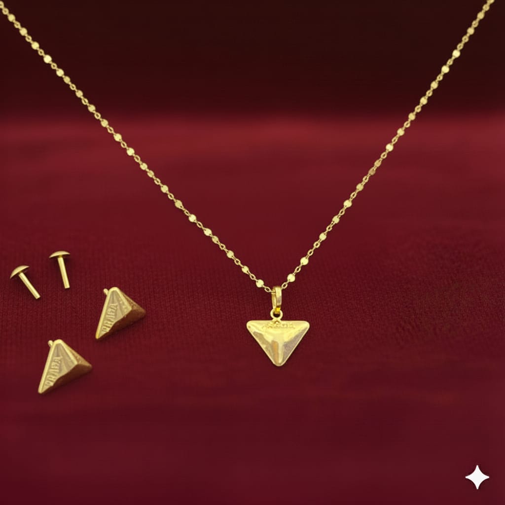 18K Real Gold Triangle Necklace And Earring Set