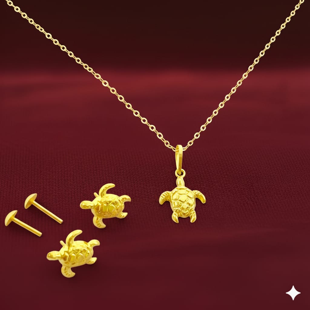 18K Real Gold Turtle Necklace And Earring Set