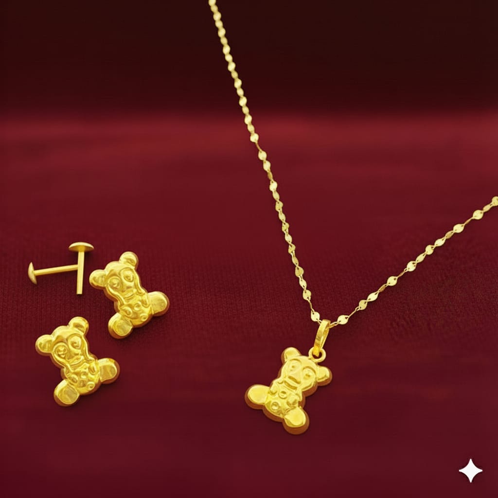 18K Real Gold Teddy Necklace And Earring Set
