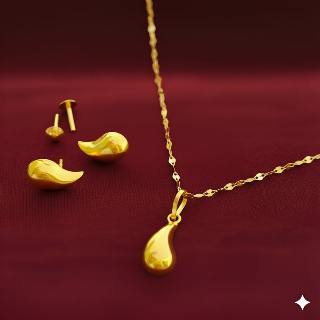 18K Real Gold Tear Drop Necklace And Earring Set