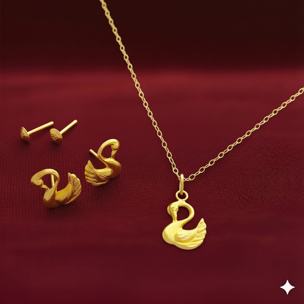 18K Real Gold Swan Necklace And Earring Set
