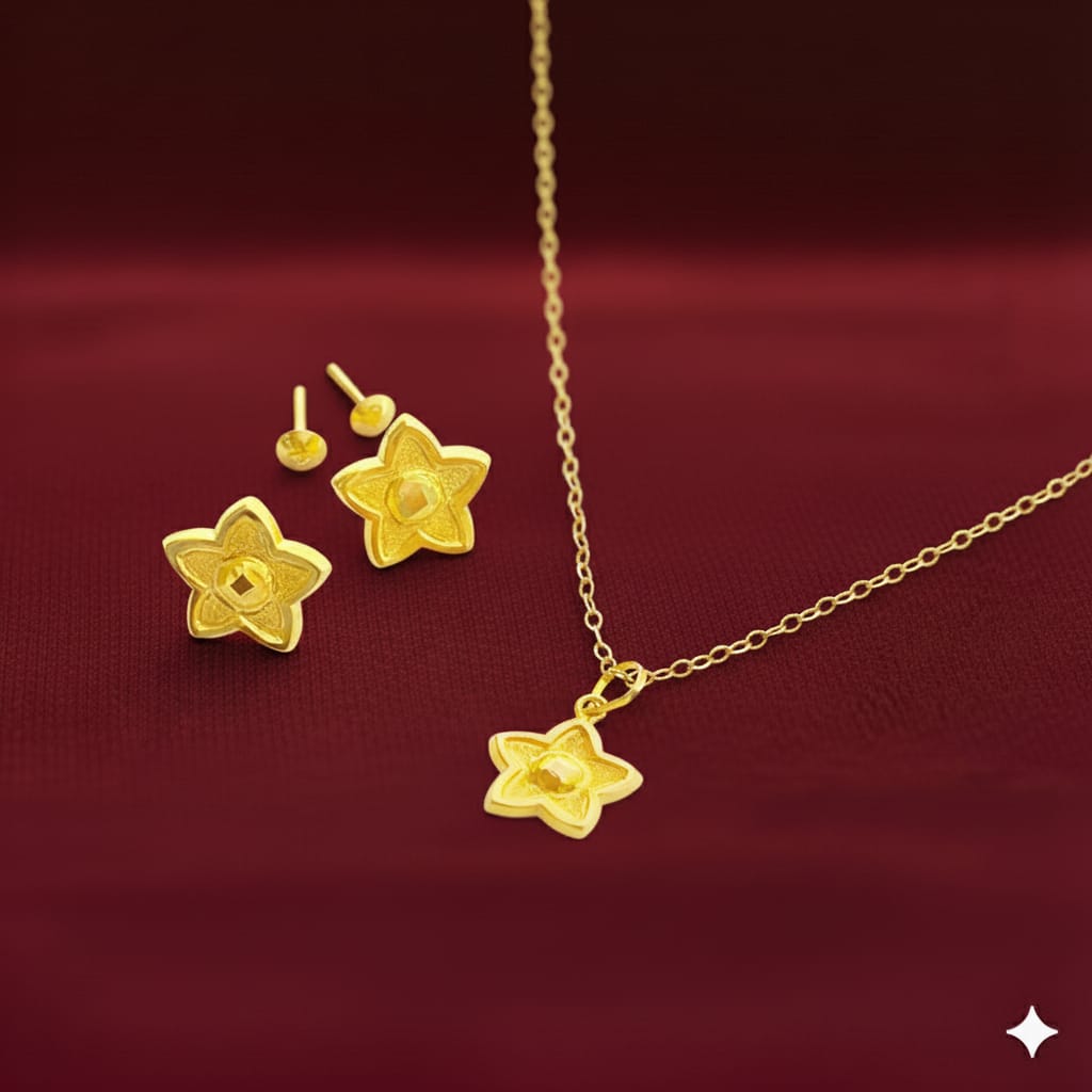 18K Real Gold Star Dot Necklace And Earring Set