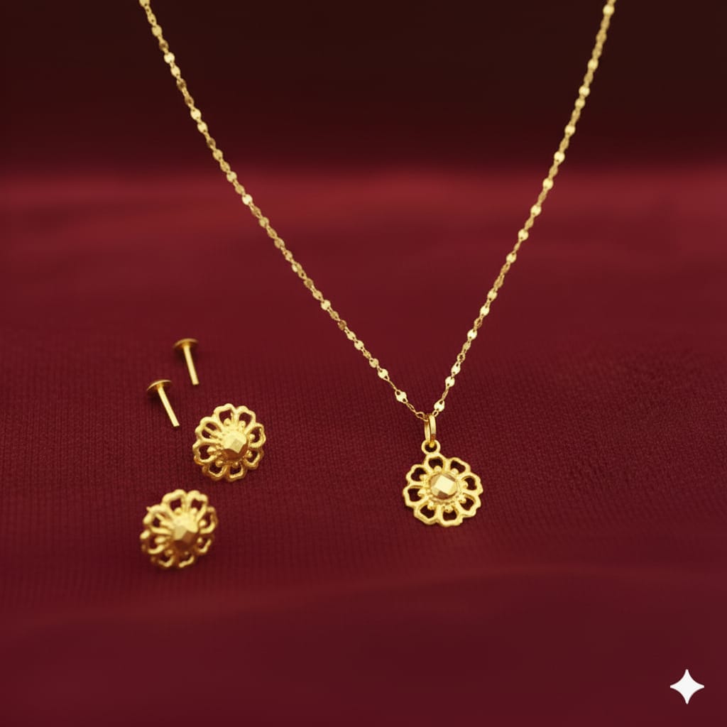 18K Real Gold Spot Flower Necklace And Earring Set