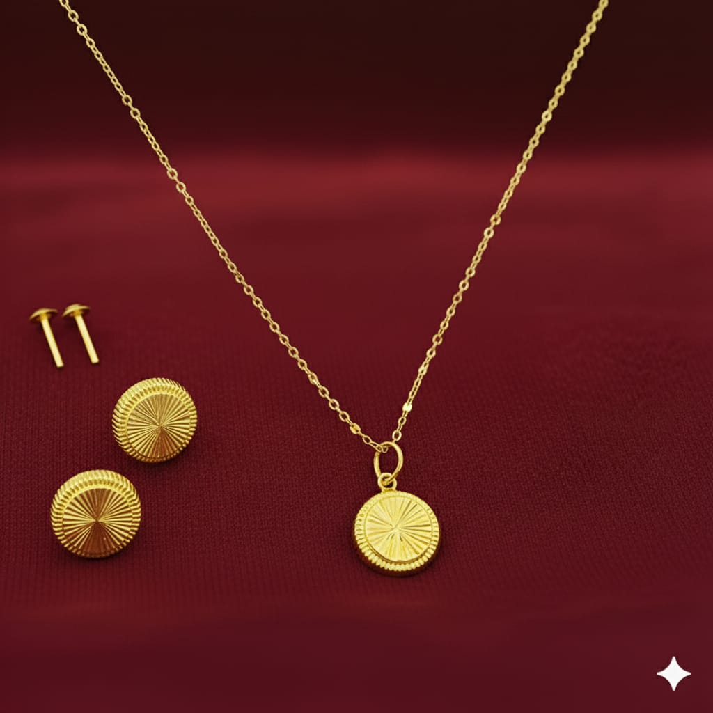 18K Real Gold Round Cut Necklace And Earring Set