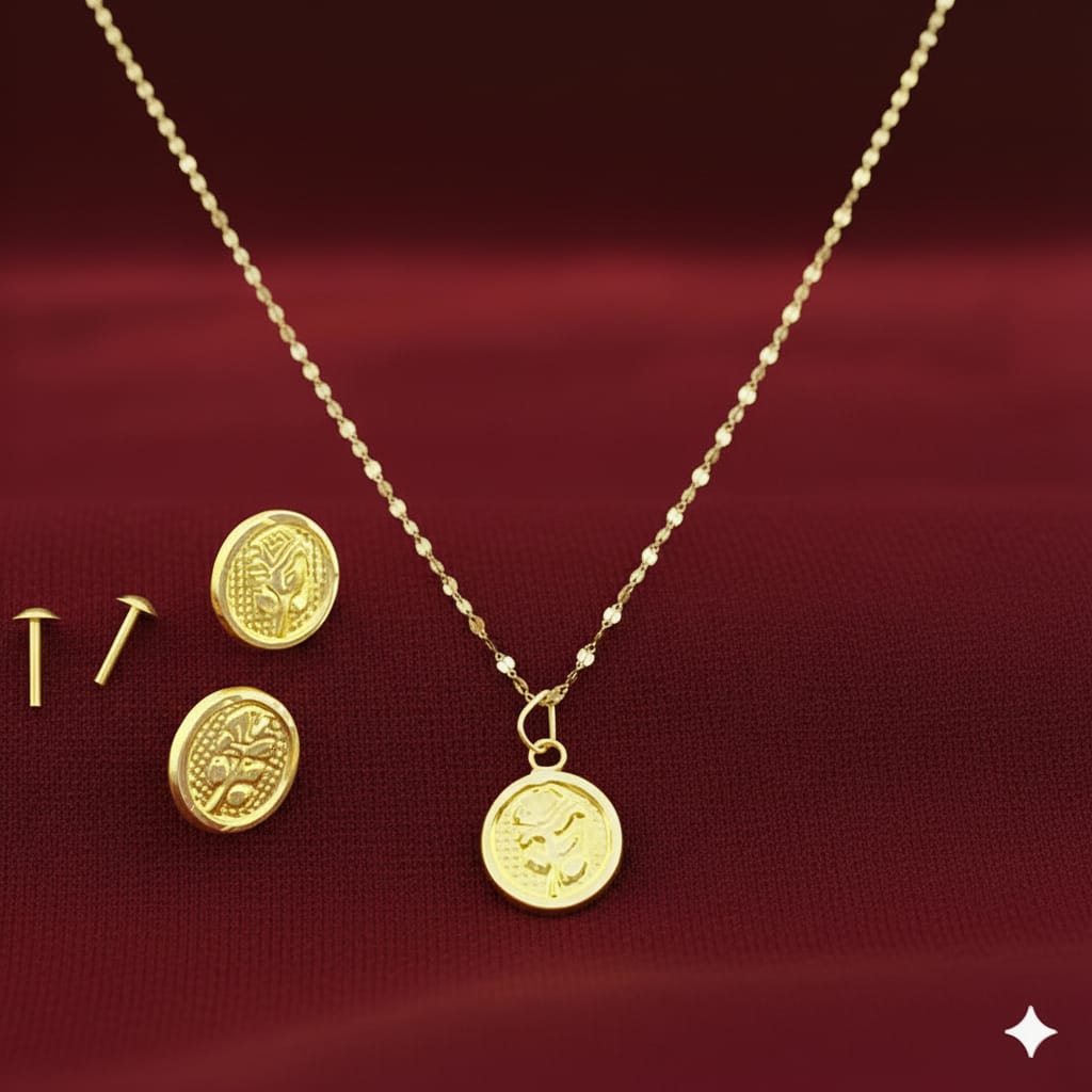 18K Real Gold Rose Flower Necklace And Earring Set