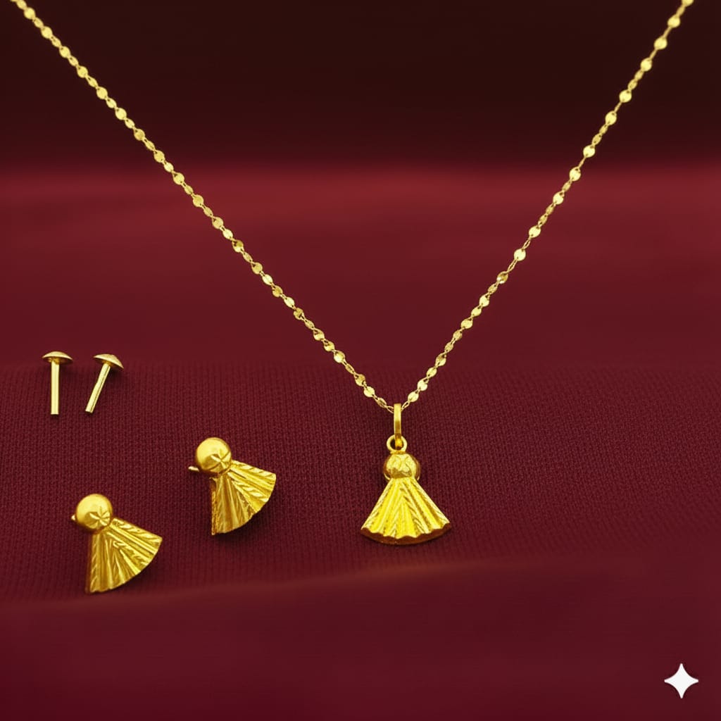 18K Real Gold Ribbon Necklace And Earring Set