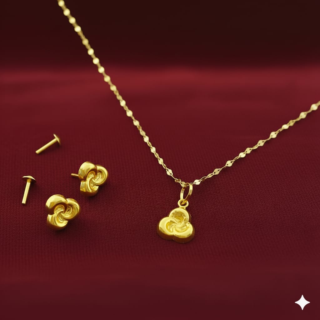 18K Real Gold Love Knot Necklace And Earring Set
