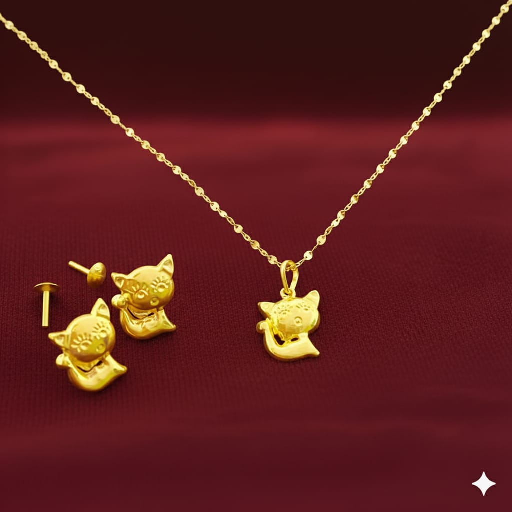18K Real Gold Kitty Necklace And Earring Set