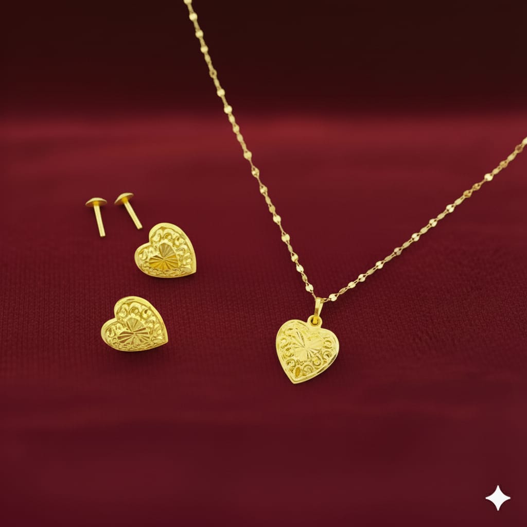 18K Real Gold IND Heart Necklace And Earring Set