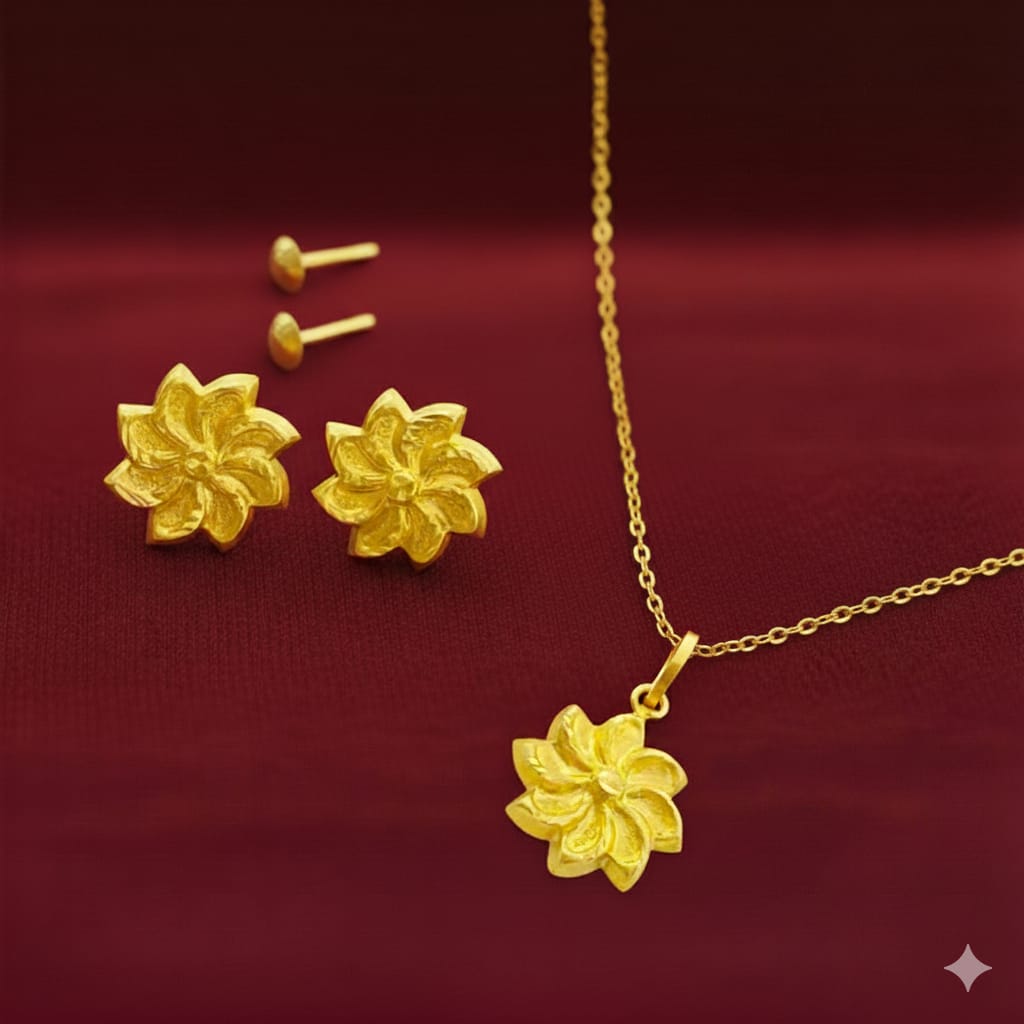 18K Real Gold Field Flower Necklace And Earring Set