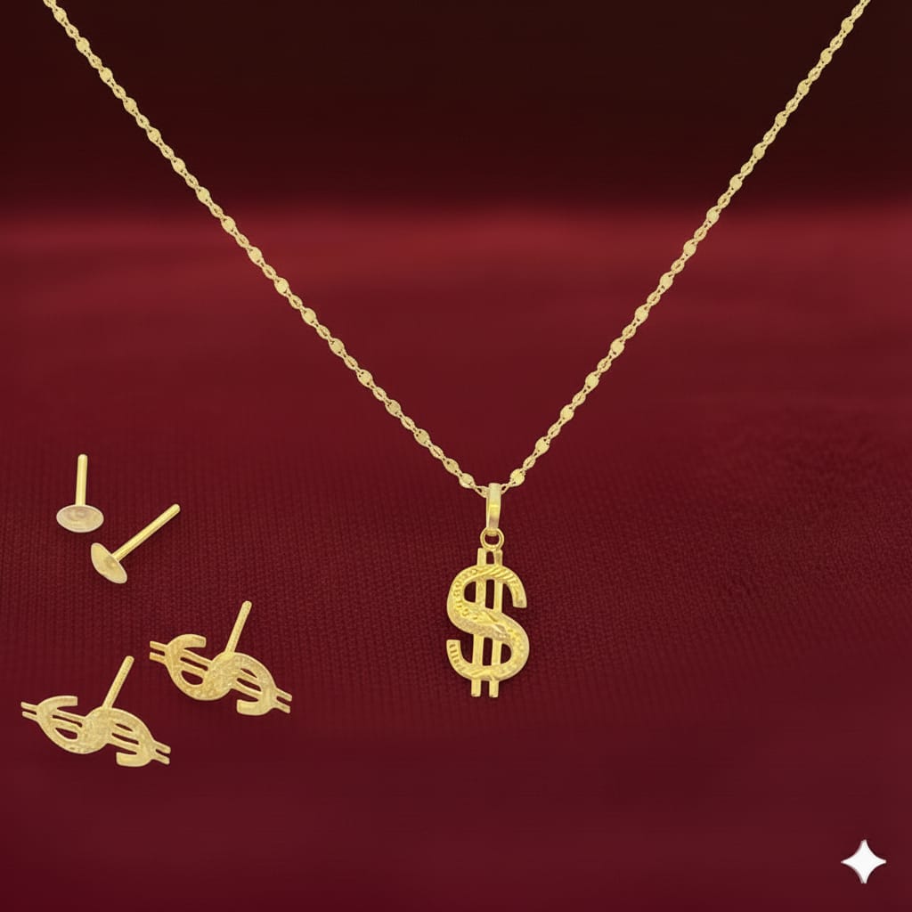 18K Real Gold Dollar Style Necklace And Earring Set