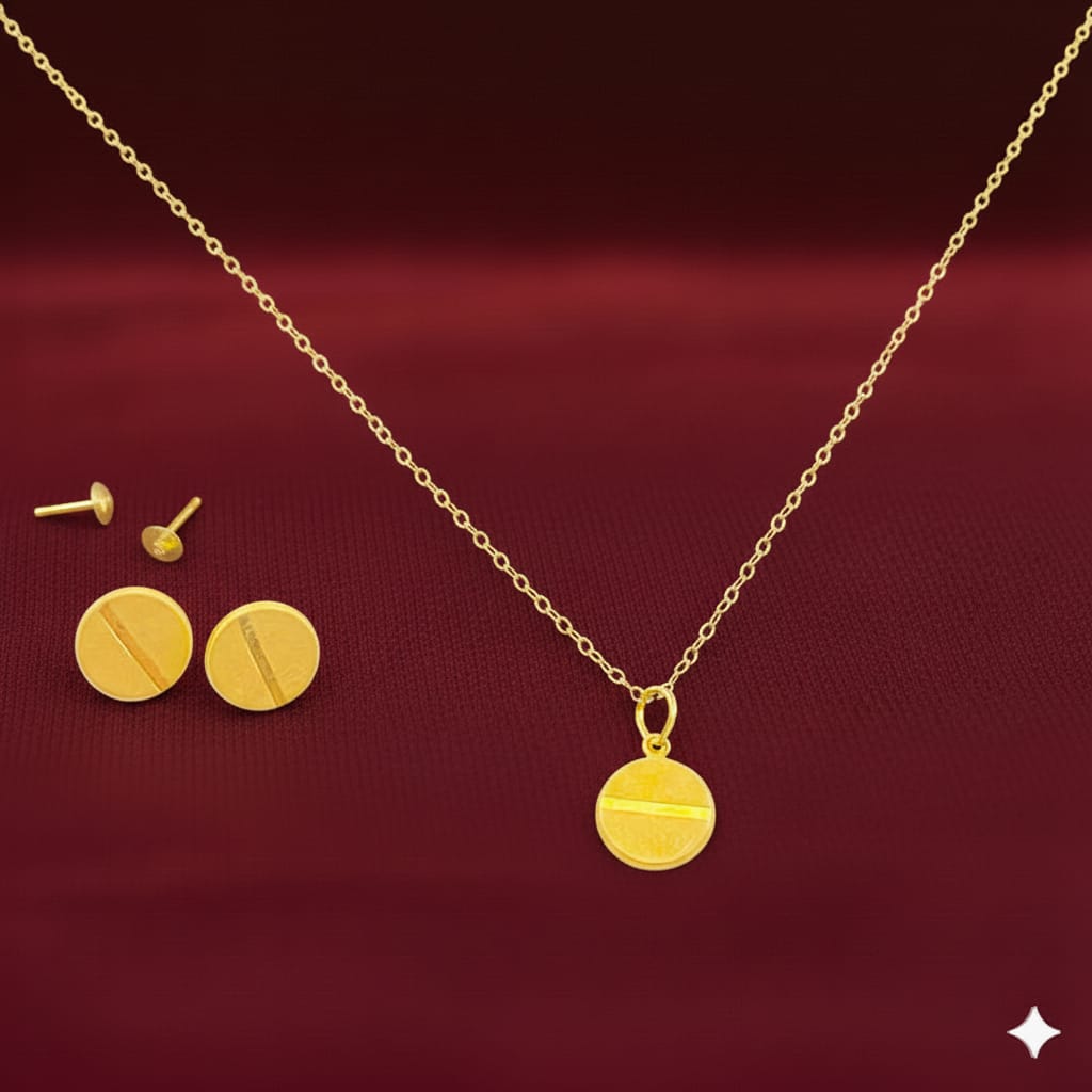 18K Real Gold Button Necklace And Earring Set