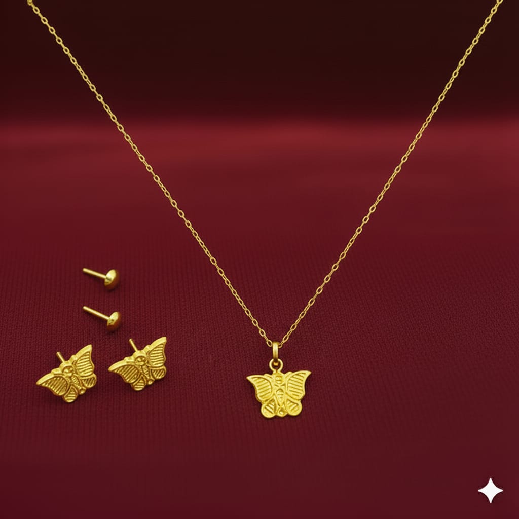 18K Real Gold Butterfly Necklace And Earring Set