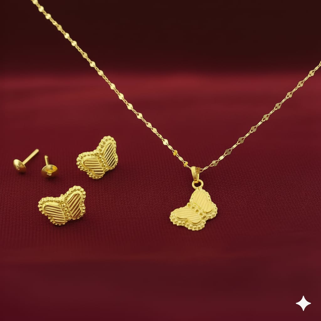 18K Real Gold Butterfly Field Necklace And Earring Set