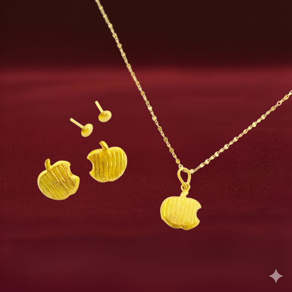 18K Real Gold Apple Necklace And Earring Set