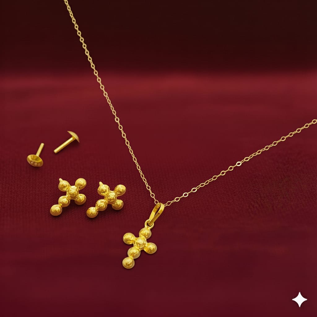 18k Gold Bubble Cross Jewelry Set