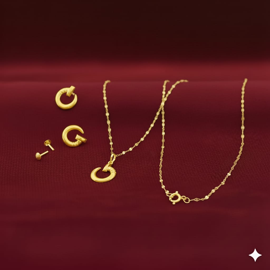 18K Real Gold Nail Necklace And Earring Set