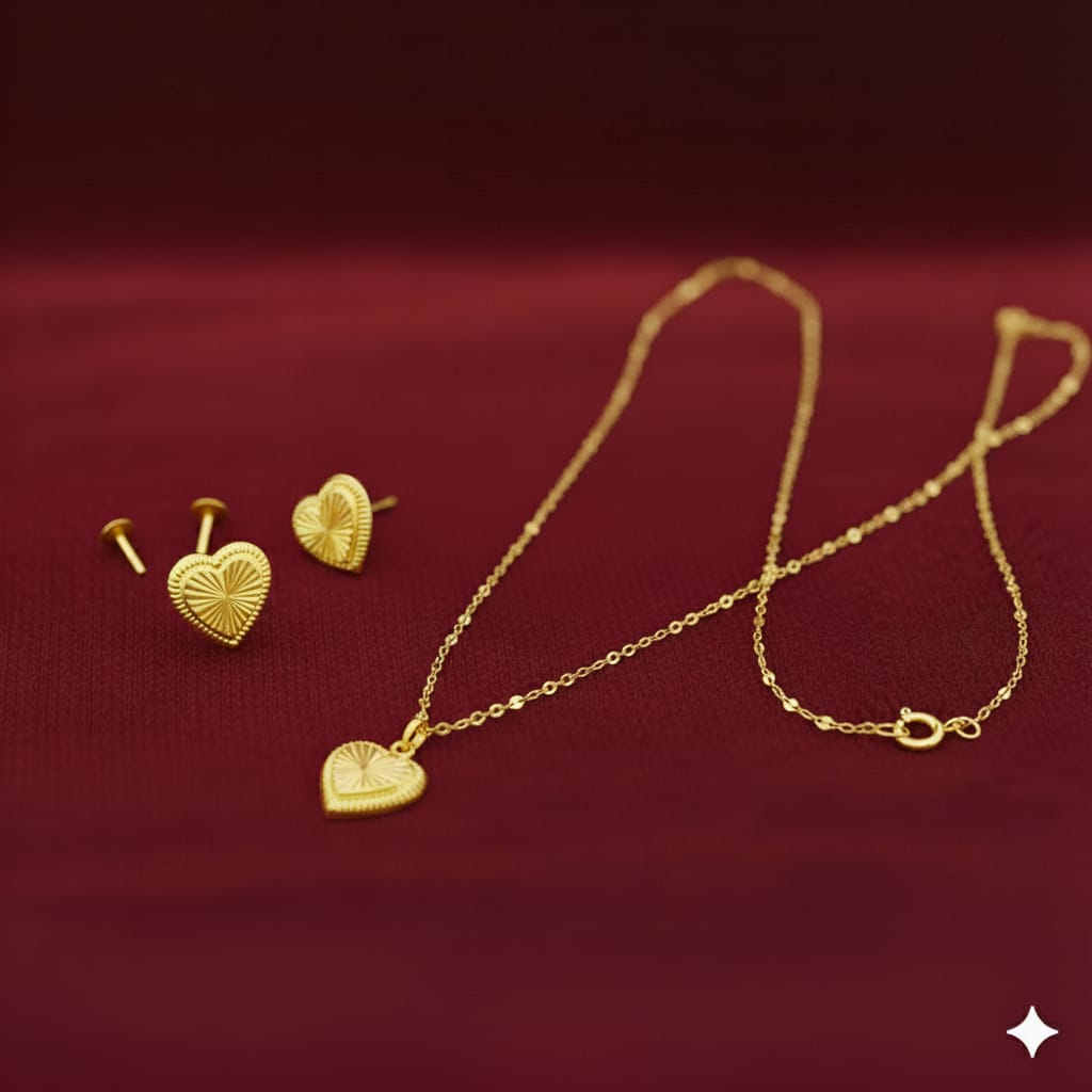 18K Real Gold Plain Cut Necklace And Earring Set