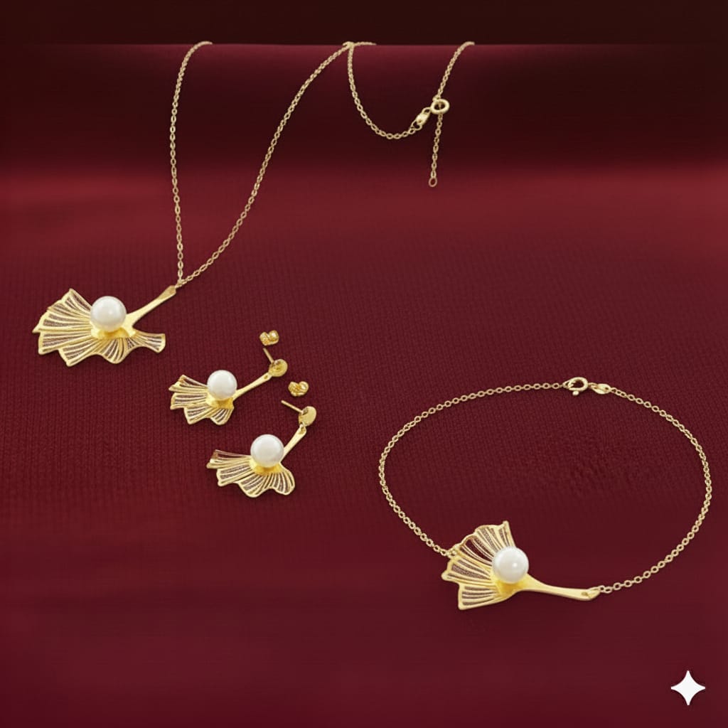18K Real Gold Pearl Flower Set