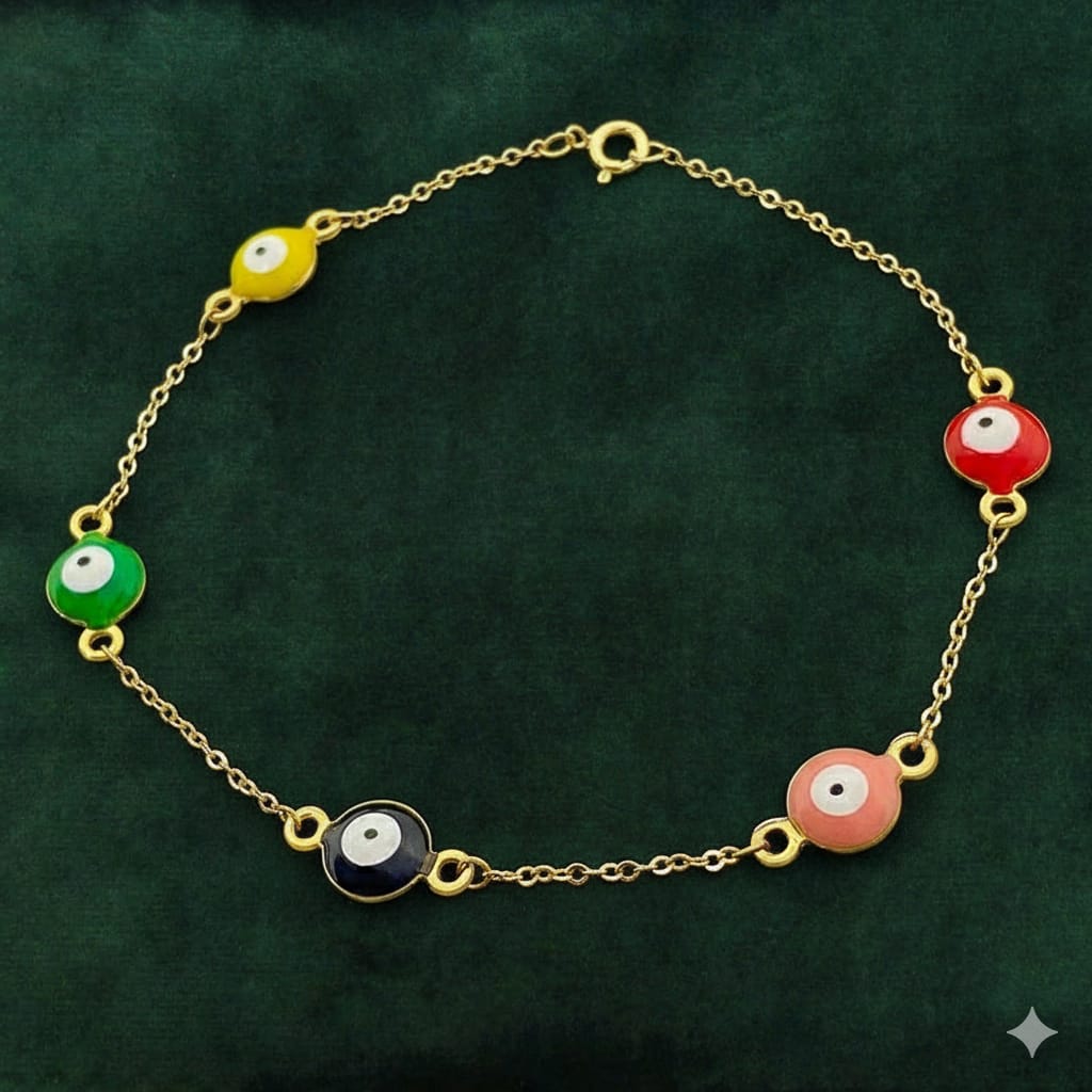 18K Real Gold 5 Evil Eye Pendant Bracelet