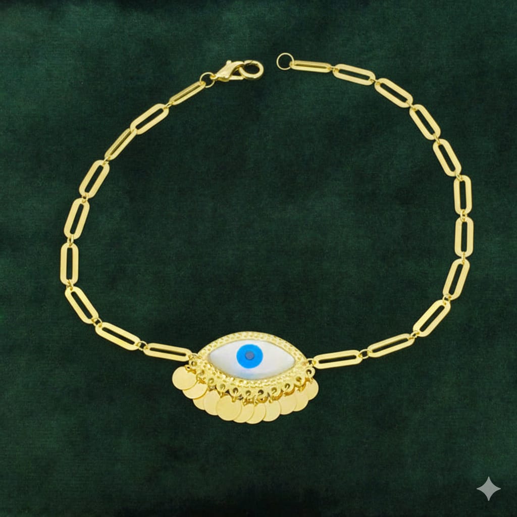 18K Real Gold Evil Eye With Paper Clip Bracelet