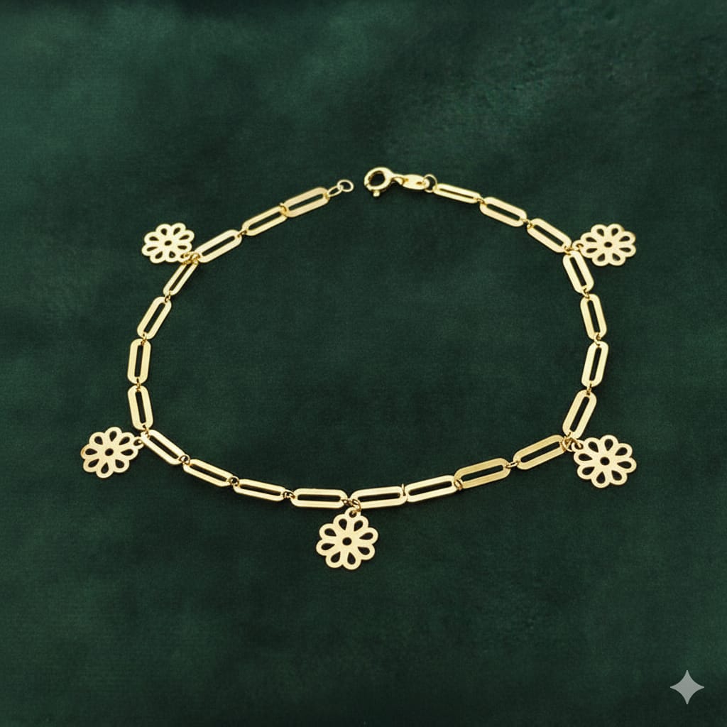 18K Real Gold 5 Flower Paper Clip Bracelet