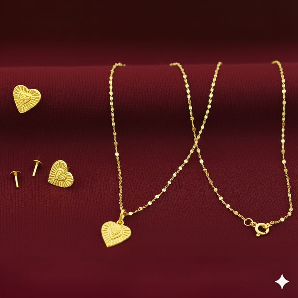 18K Real Gold Double Heart Necklace And Earring Set