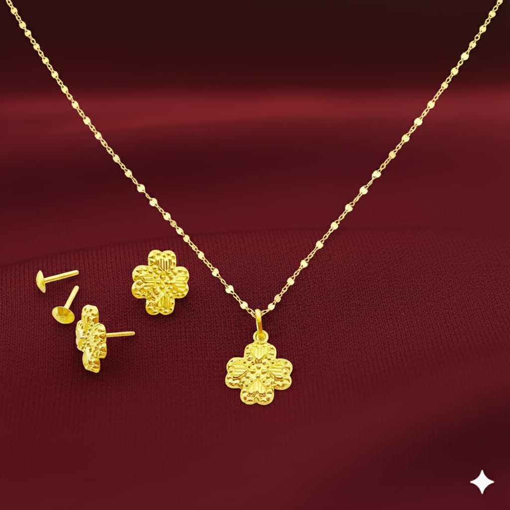 18K Real Gold Four Petals Necklace And Earring Set