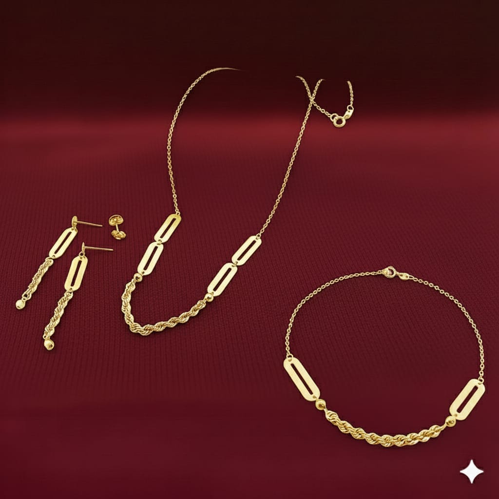 18K Real Gold Paper Clip With Rope Chain Set