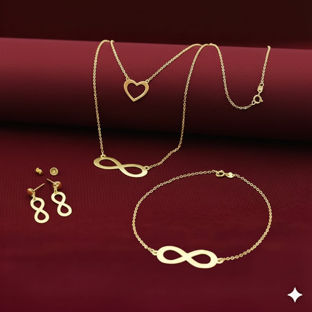 18K Real Gold Infinity With Heart Necklace Bracelet And Earring