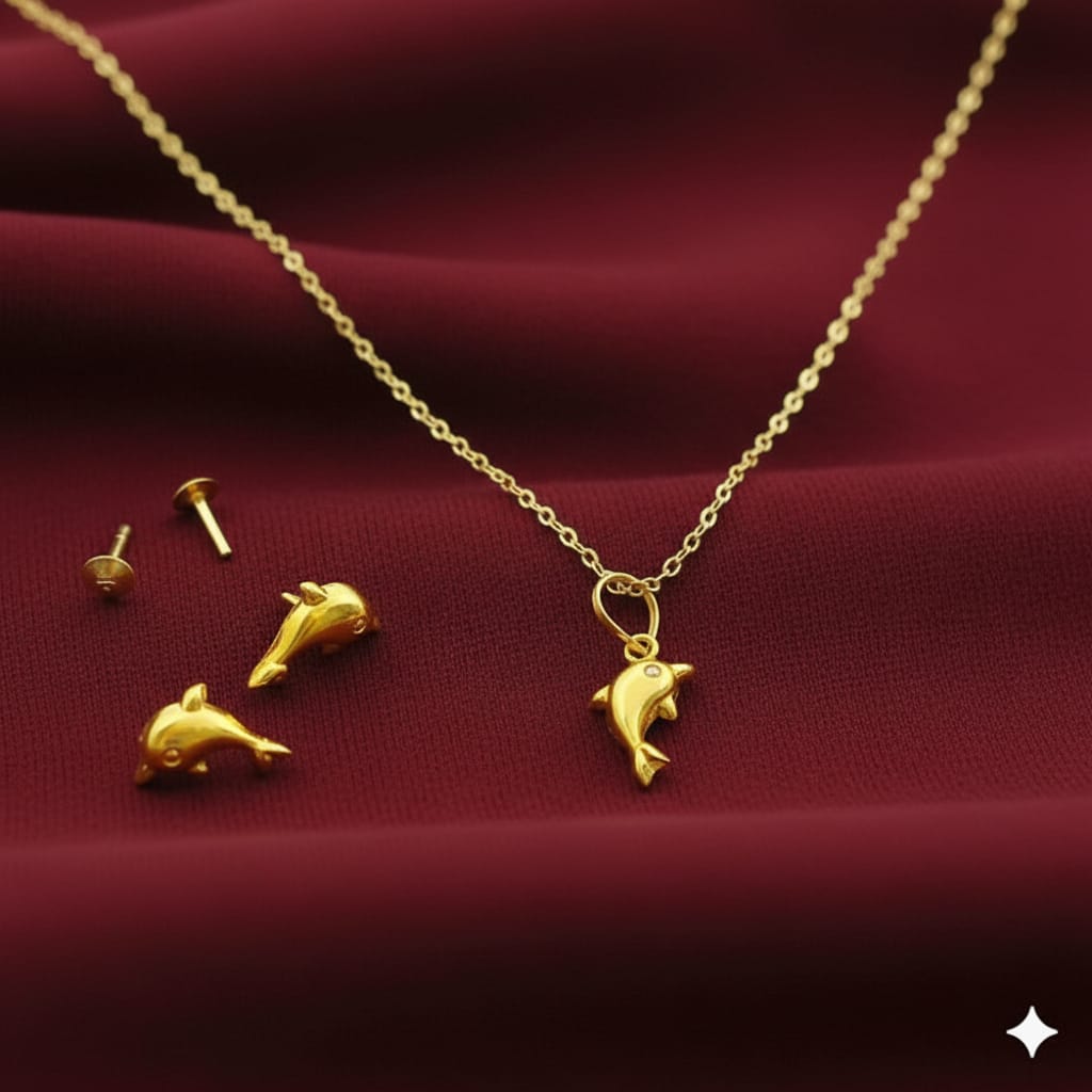 18K Real Gold Dolphine Necklace And Earring Set