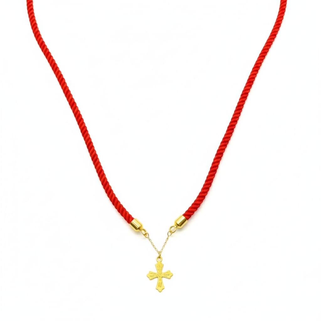 18K Gold Cross Pendant With Red Thread Adjustable Necklace - Necklaces - Embellish Gold