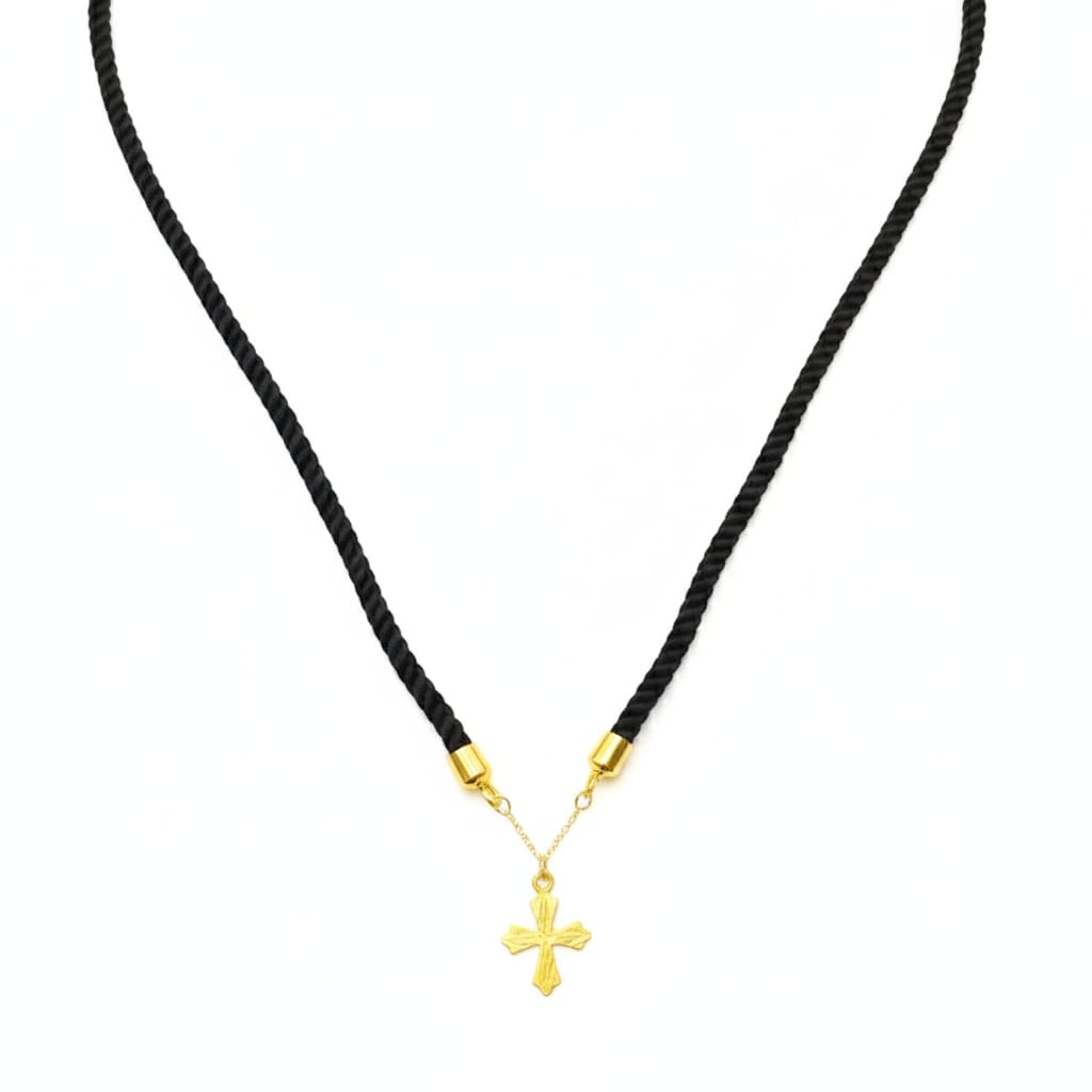 18K Gold Cross Pendant With Black Thread Adjustable Necklace