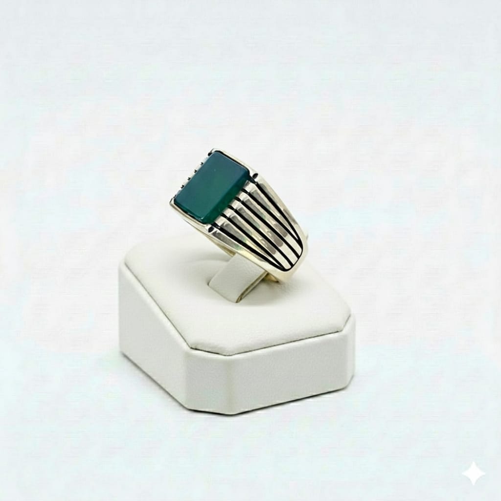 925 Silver Stripe Green Stone Ring