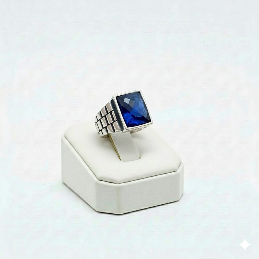 925 Silver Brick Sapphire Stone Ring