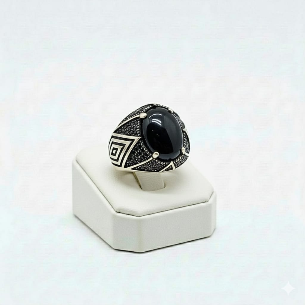 925 Silver Oval Black Stone Ring