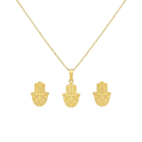 Gold hamsa hand necklace and earrings on a white background