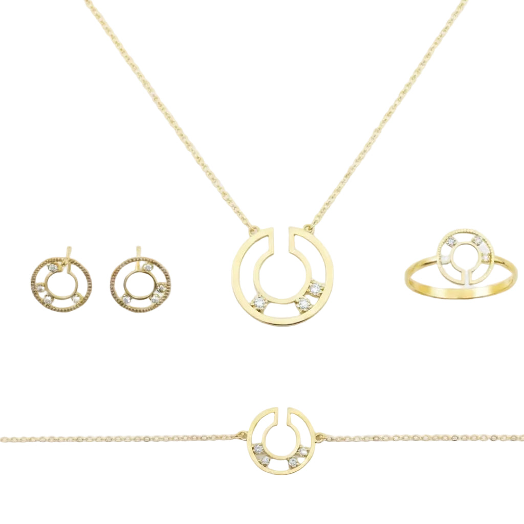 18K Real Gold 3 Stone Cut Circle Set
