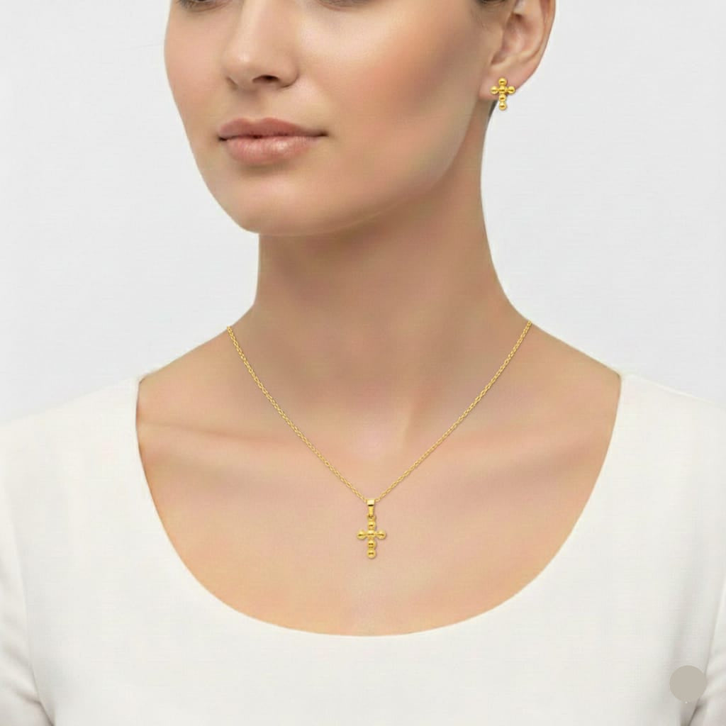 18k Gold Bubble Cross Jewelry Set
