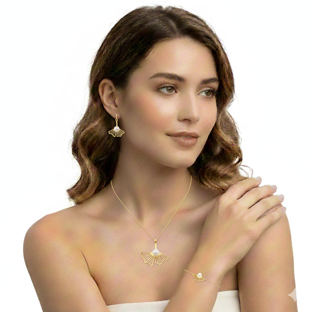 18K Real Gold Pearl Flower Set