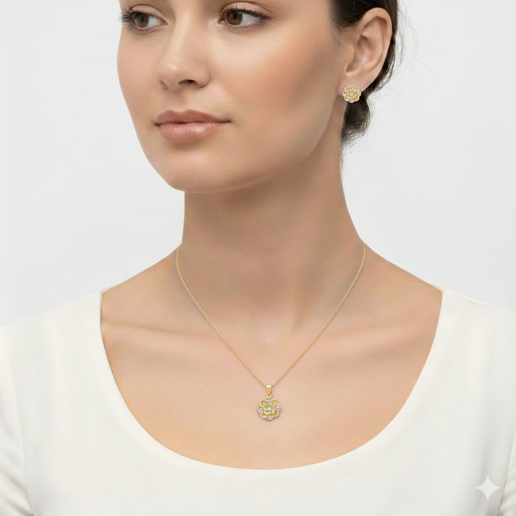 18k Gold 2 Tone Flower Jewelry Set