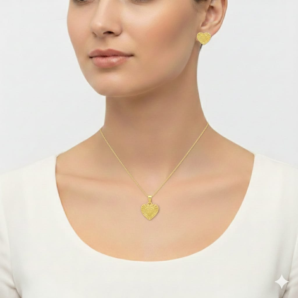 18K Real Gold Double Heart Necklace And Earring Set