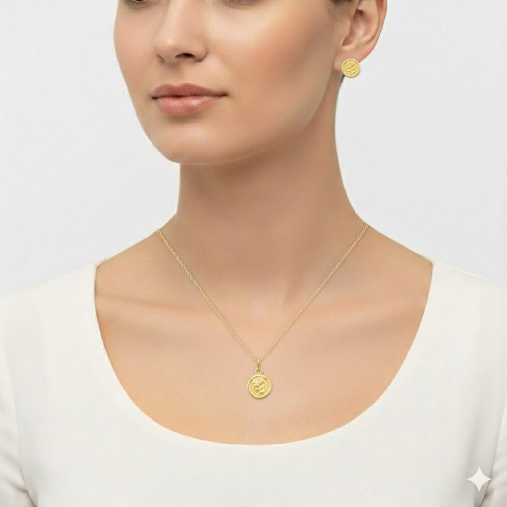 18K Real Gold Rose Flower Necklace And Earring Set