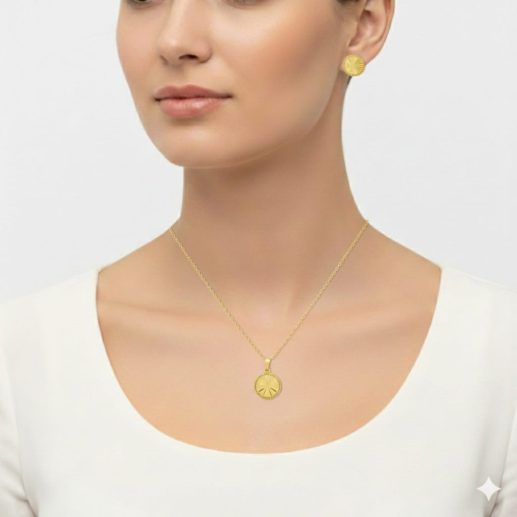 18K Real Gold Round Cut Necklace And Earring Set