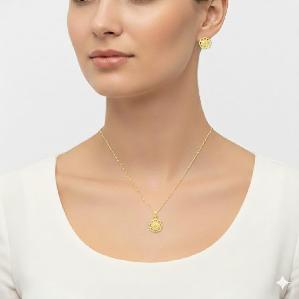 18K Real Gold Spot Flower Necklace And Earring Set
